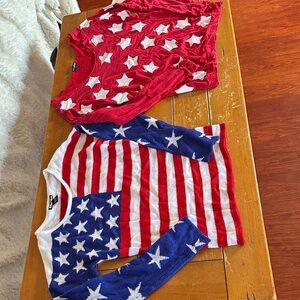 Lot of 2 patriotic tops. American flag sweater in L, star T shirt XL. No flaws!